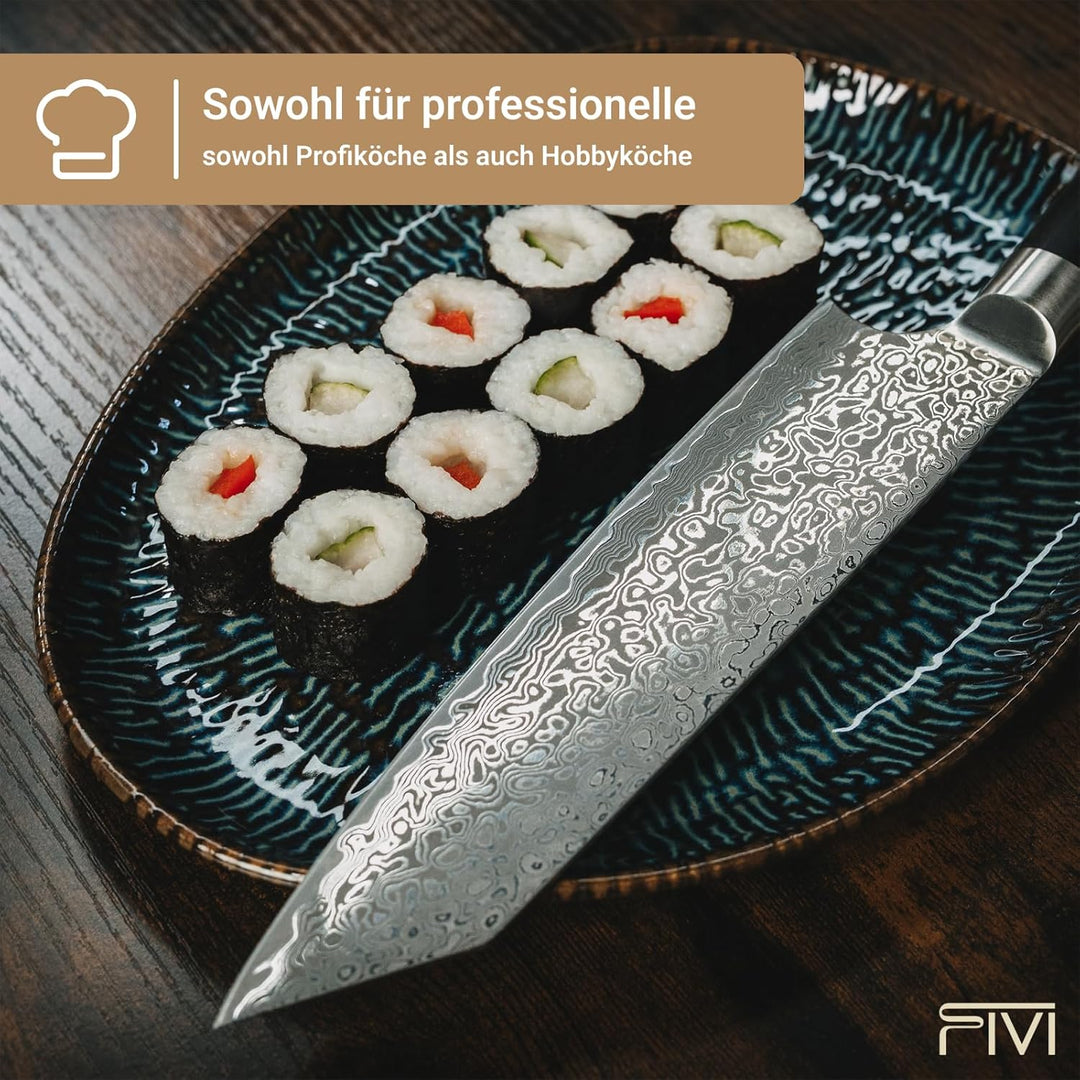 FIVI Damast Kiritsukemesser YUNO | Präzises Küchenmesser aus VG10 Damaszenerstahl (60 HRC) mit Rever