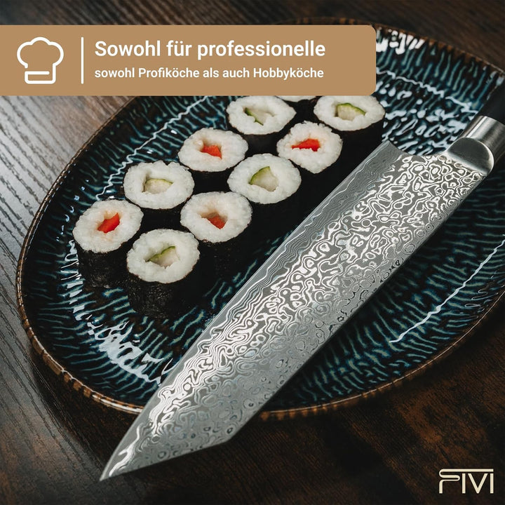 FIVI Damast Kiritsukemesser YUNO | Präzises Küchenmesser aus VG10 Damaszenerstahl (60 HRC) mit Rever