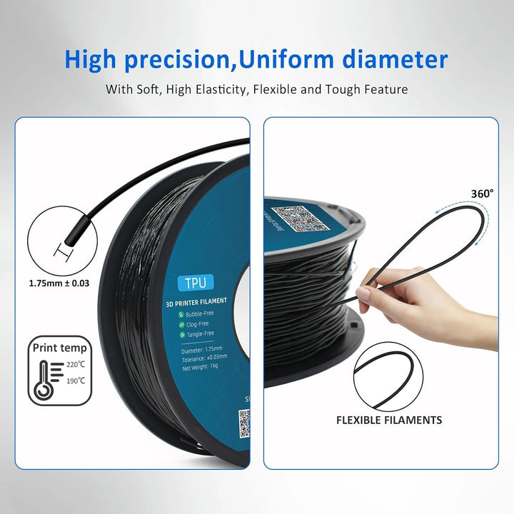 GEEETECH TPU Filament 1,75 mm +/- 0,02 mm für 3D Drucker, 1KG 1 Spool Schwarz Schwarz 1KG, Schwarz 1