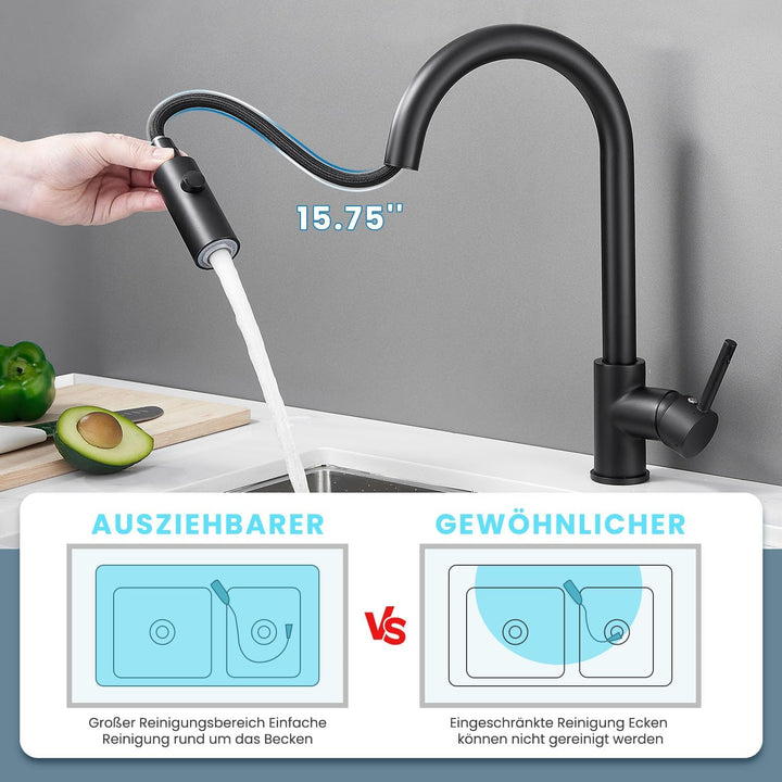 Niederdruck Armatur Küche Ausziehbar Schwarz,360° Drehbare Küchenarmatur,Wasserhahn mit 3 Anschluess