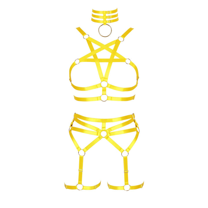 Damen Body Harness Pentagramm BH Set Punk Strumpfband Bein Taille Tanz Elastic Gothic Carnival Zubeh