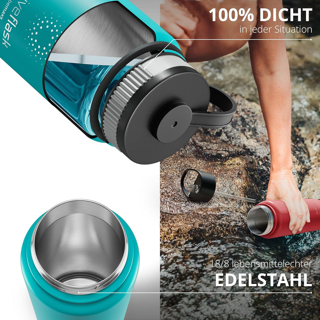Trinkflasche Edelstahl ACTIVE FLASK + Strohhalm (3 Deckel) BPA-frei, Auslaufsicher, Kohlensäure geei