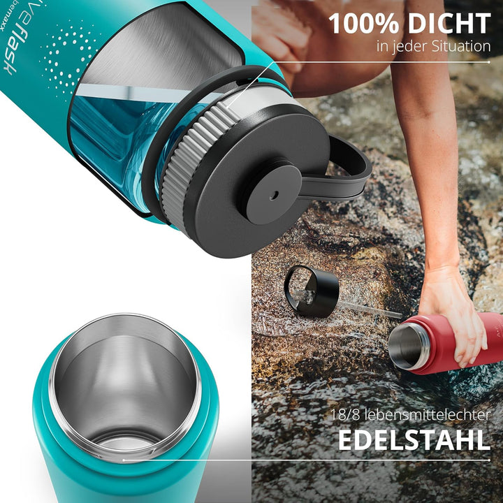 Trinkflasche Edelstahl ACTIVE FLASK + Strohhalm (3 Deckel) BPA-frei, Auslaufsicher, Kohlensäure geei