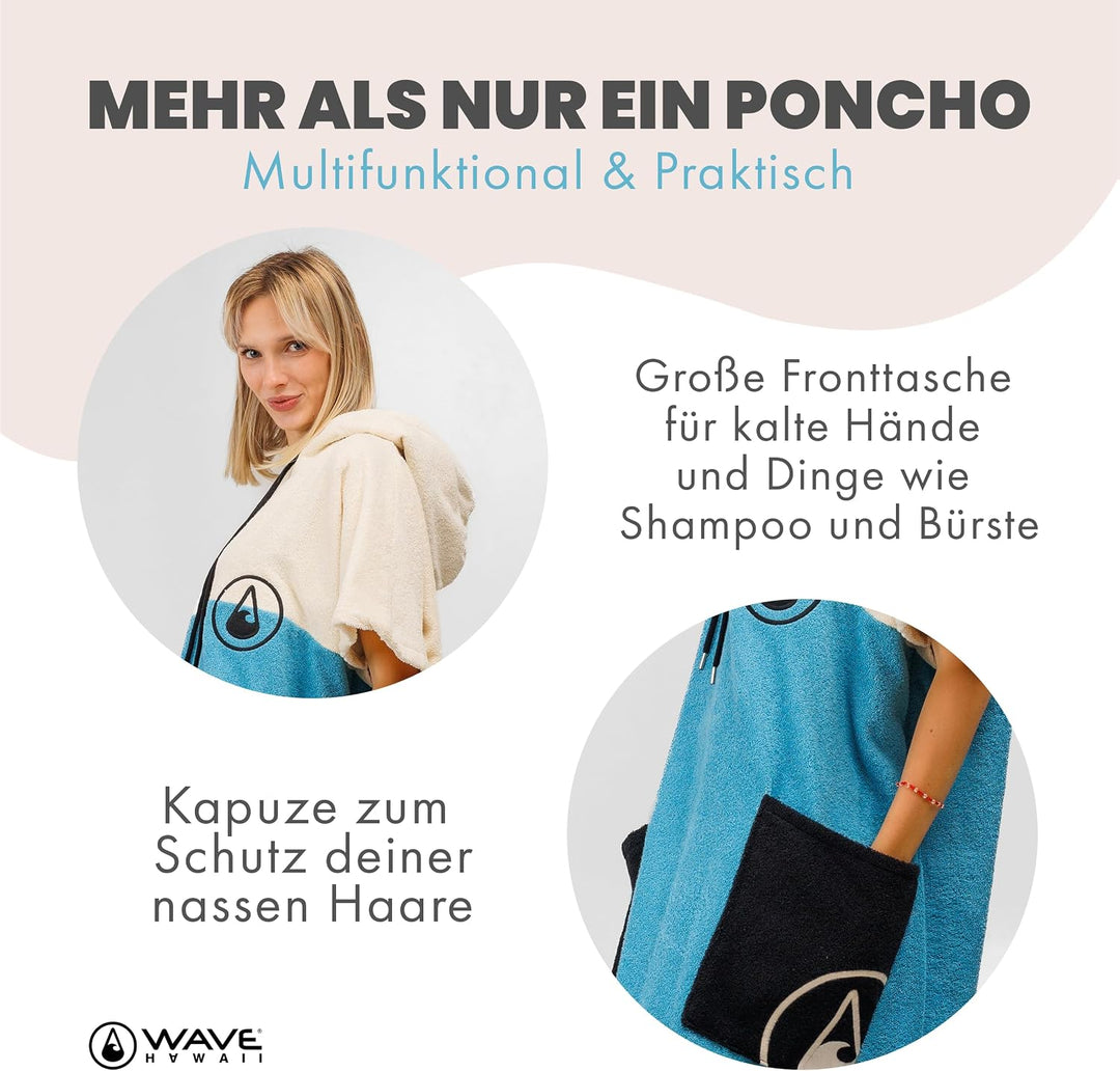 WAVE HAWAII Poncho Porto Badeponcho 100% Baumwolle für Körpergrössen von 160 -190 cm Umkleidehilfe f