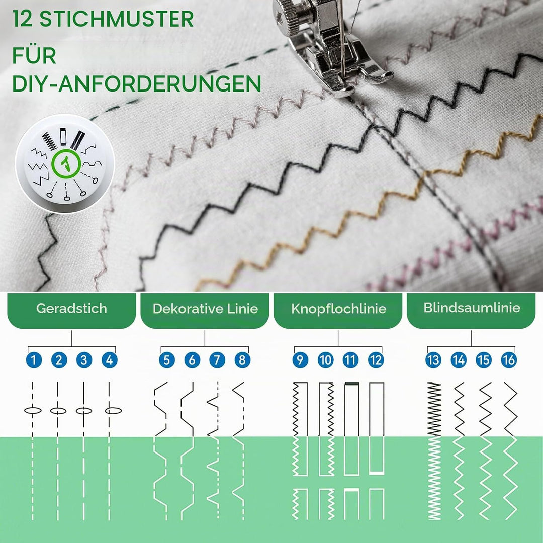Nähmaschine für Anfänger und Kinder, 12 Stichmuster Overlock Nähmaschine, Portable Mini Sewing Machi