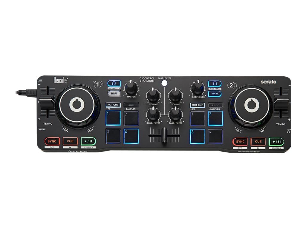 Hercules DJControl Starlight - Tragbarer 2-Deck DJ-USB-Controller mit 8 Pads, Serato DJ Lite Softwar