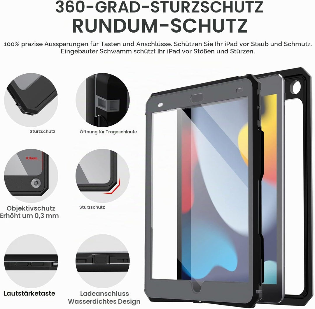 iPad 10.2 Hülle IP68 wasserdichte iPad 9th/8th/7th Generation 360 Grad Hülle 2021/2020/2019 mit Disp
