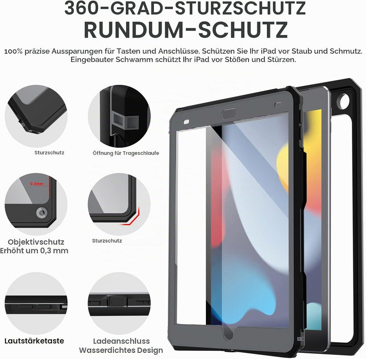 iPad 10.2 Hülle IP68 wasserdichte iPad 9th/8th/7th Generation 360 Grad Hülle 2021/2020/2019 mit Disp