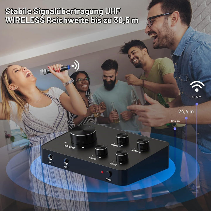 Mikrofon Kabellos Set UHF – Dual Karaoke Mikrofon Funkmikrofonen mit 2x8 Frequenzen, 100ft Reichweit