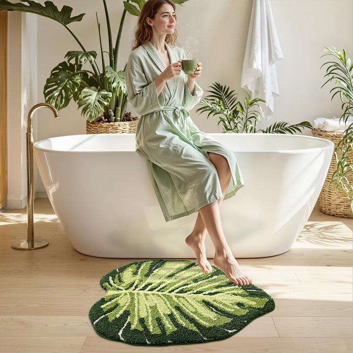 DEXI Badezimmerteppich 60 x 80 cm, Badematte rutschfest Absorbierende mit Monstera Pflanzenmuster, B
