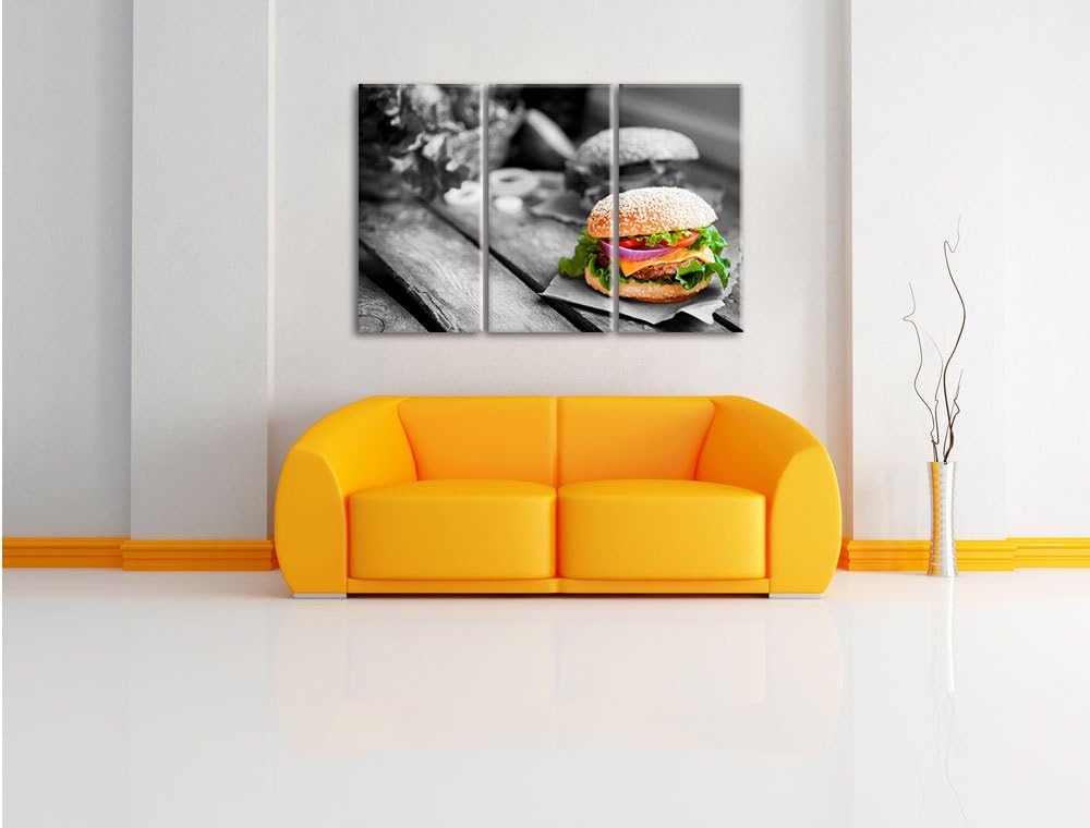 Pixxprint Leckere Burger als Leinwandbild | Grösse: 3 Teilig (120x80) | Wandbild| Kunstdruck | ferti