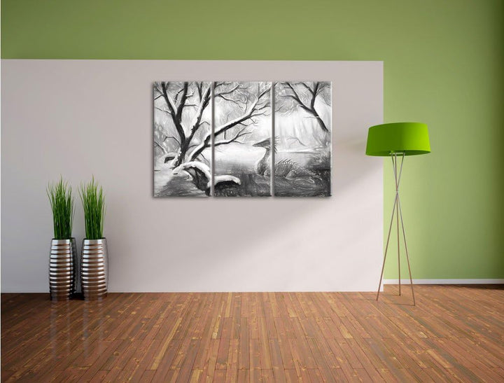 Pixxprint Drache im schneebedeckten Wald als Leinwandbild/Grösse: 3 Teilig (120x80 cm) cm/Wandbild/K