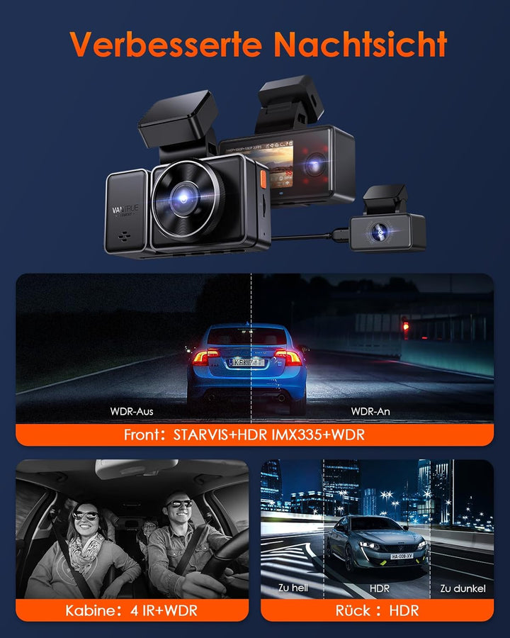 VANTRUE E3 3 Lens Dashcam 5GHz WiFi mit Sprachsteuerung , 1944P + dual 1080P Vorne Hinten Auto Kamer