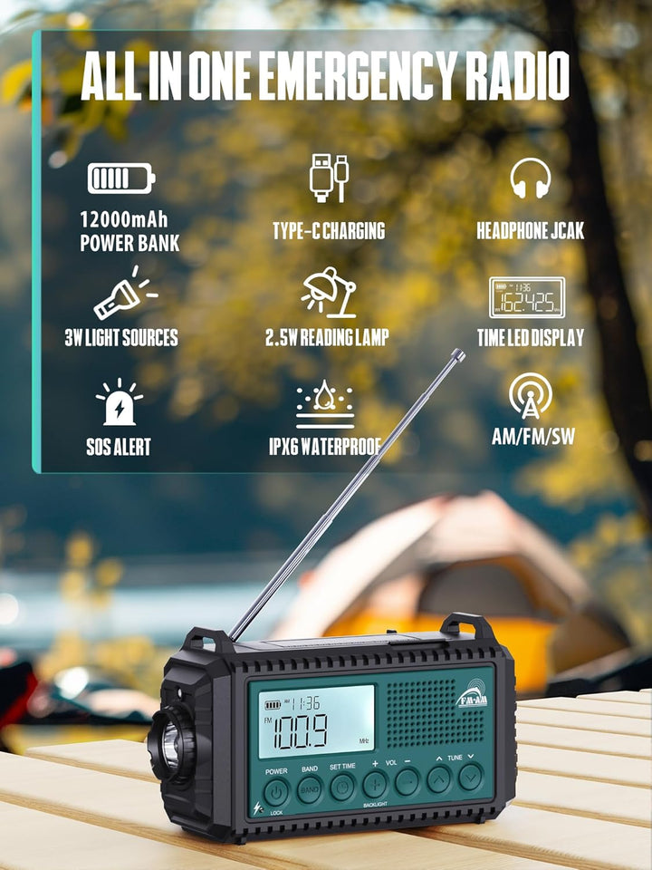 Kurbelradio, 12000 mAh Notfallradio, AM/FM/SW Baustellenradio, 5-Wege Solar Radio mit Weltempfänger,