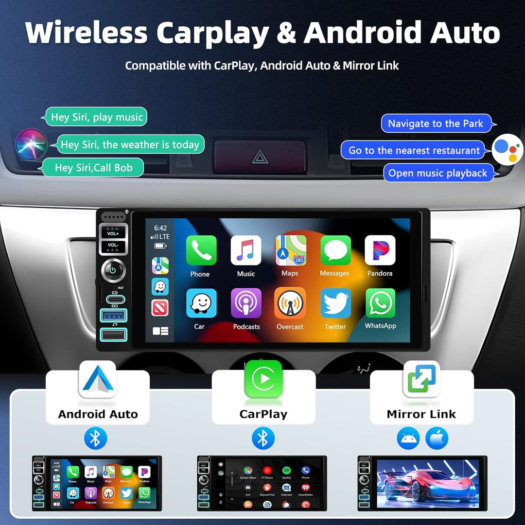 4GB+64GB CarPlay 1 Din Autoradio mit Type-C, 6,9 Zoll IPS Bildschirm mit WiFi GPS Kabellosen Android