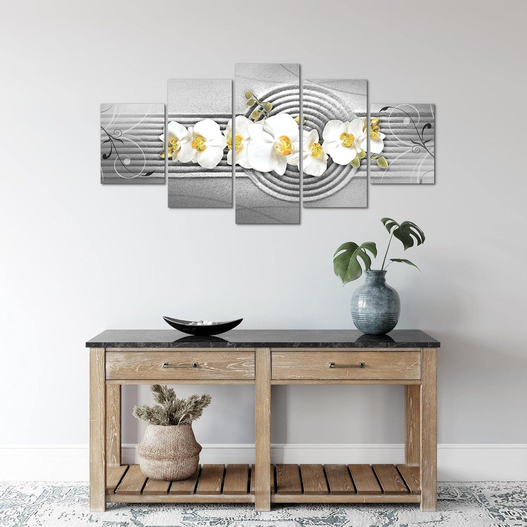 Runa Art Wandbilder Blumen Orchidee 5 Teilig Bild auf Vlies Leinwand Deko Wohnzimmer Sand Grau Gelb