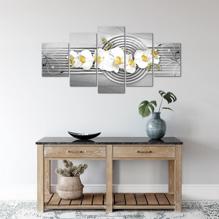 Runa Art Wandbilder Blumen Orchidee 5 Teilig Bild auf Vlies Leinwand Deko Wohnzimmer Sand Grau Gelb