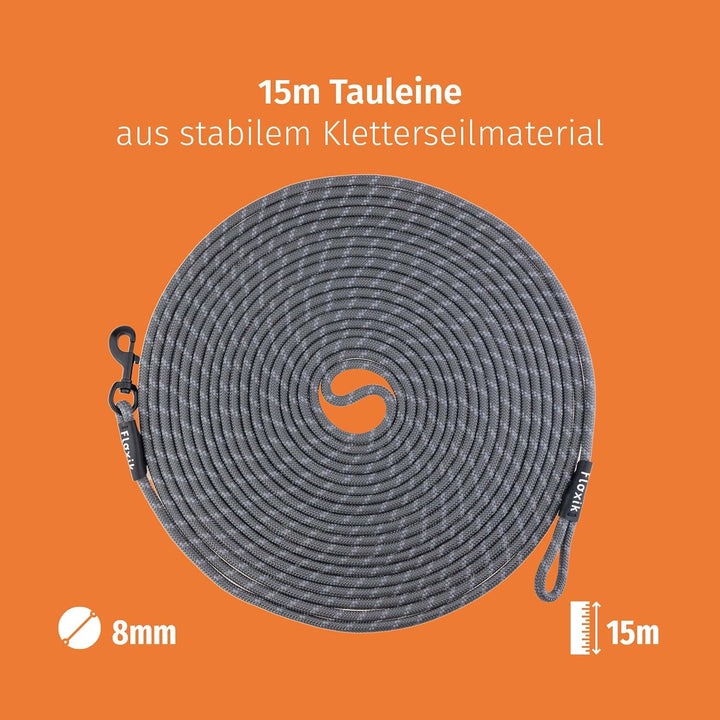Floxik Schleppleine für Hunde | 5m, 10m, 15m, 20m grau | reflektierende Tauleine mit Abnehmbarer Han