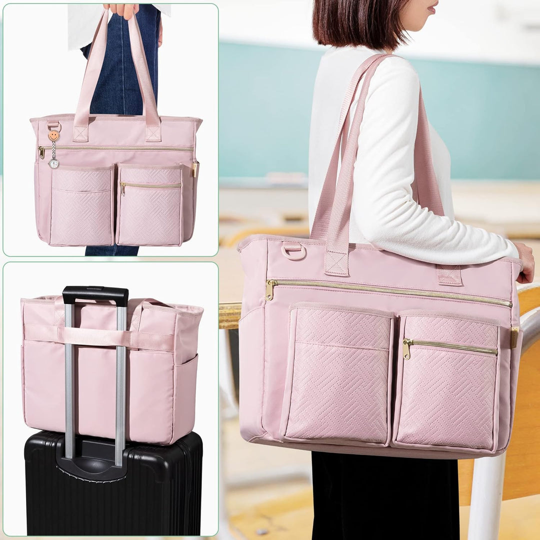 Fasrom Teacher Arbeitstasche mit Fächern für Laptop, Grosse Laptoptasche für Lehrer Rosa, Rosa