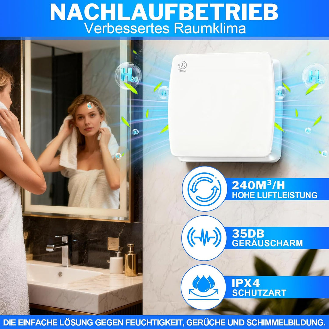 Ø150mm Badlüfter mit Nachlauf [18W - IPX4 - 35db - 240m³/h] Leiser Abluftventilator mit Rücklaufklap