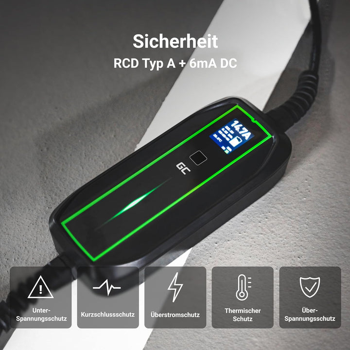 Green Cell EV Ladegerät Typ 2 Ladekabel Schuko für Elektroautos 10A / 16A 3,68kW 6,5m 1-Phasig LCD D