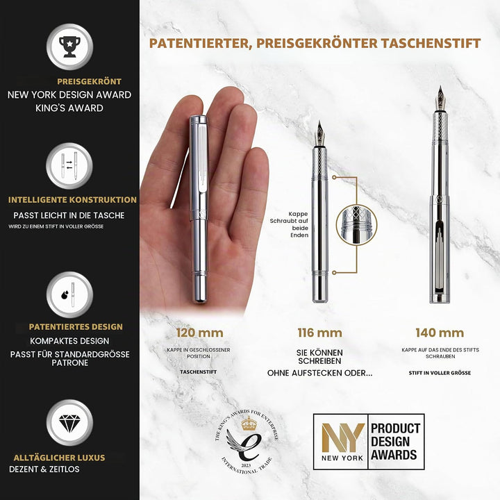 Scriveiner Luxury EDC Füllfederhalter (mittel), schwerer Taschenfüller mit Chrom, Schmidt Schreibfed