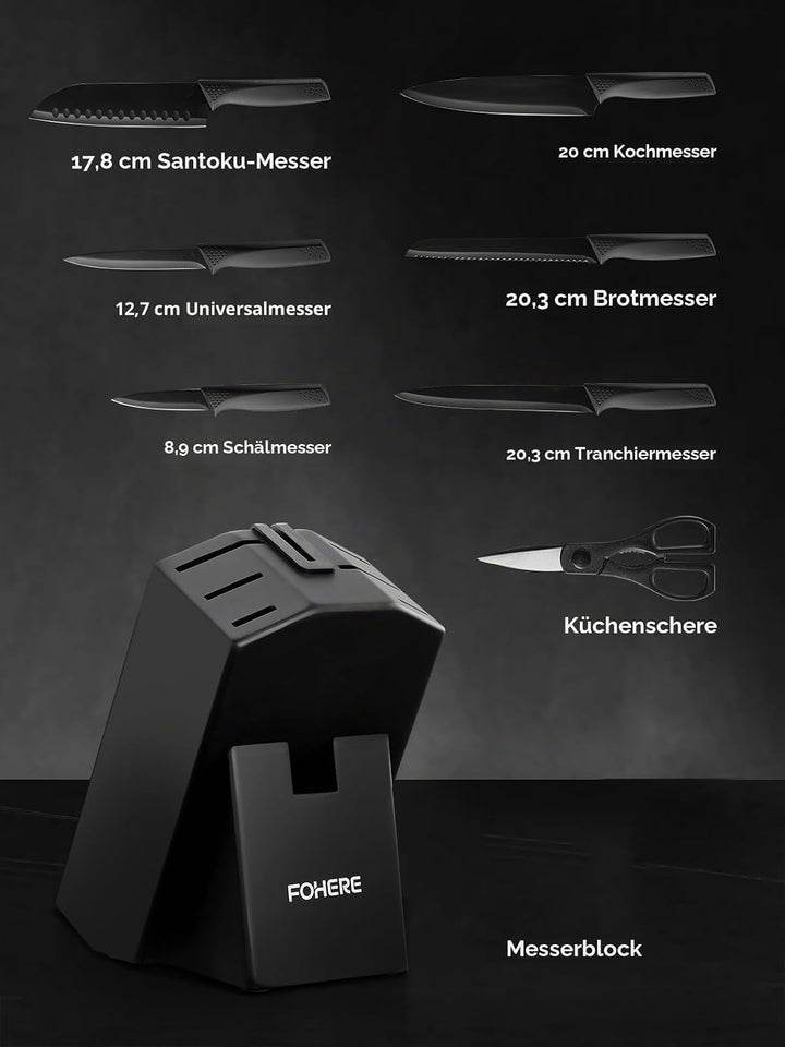 FOHERE Messerblock Set mit Messer 8 teilig Messerset mit Integriertem Messerschärfer, Scharf Edelsta