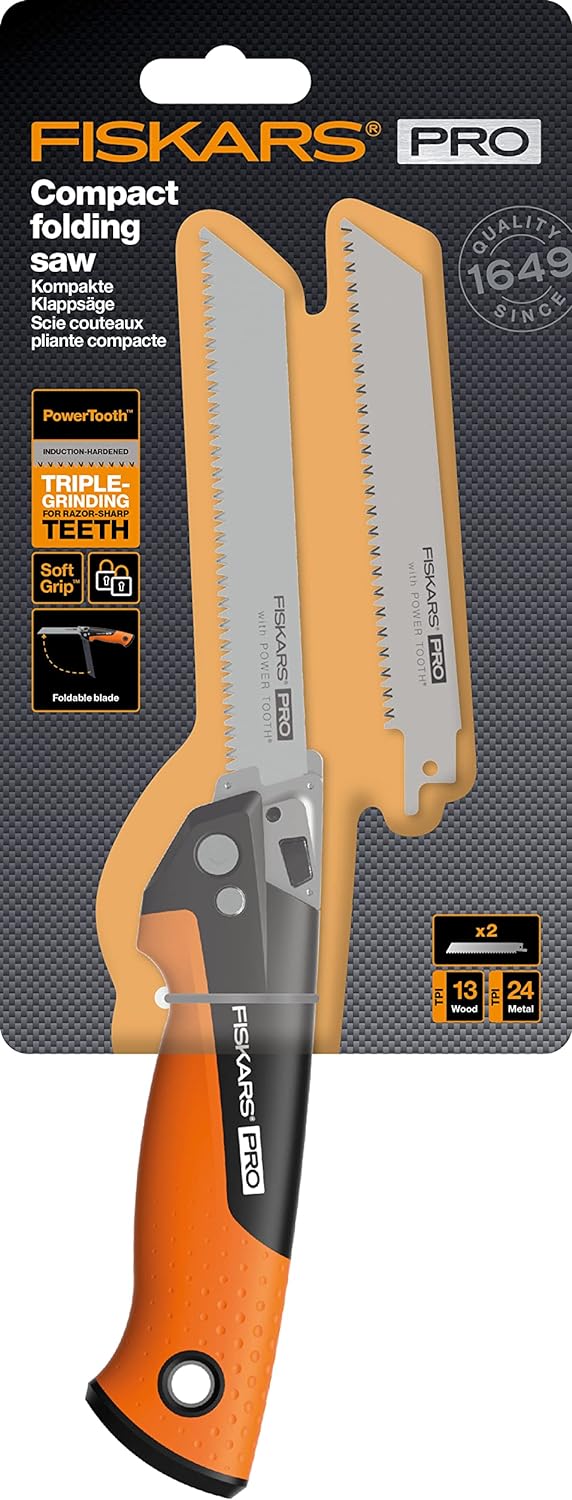 Fiskars Pro Kompakte Klappsäge, Inkl. 2 Sägeblättern, Sägeblattlänge: 15 cm, 13 TPI und 24 TPI, Schw