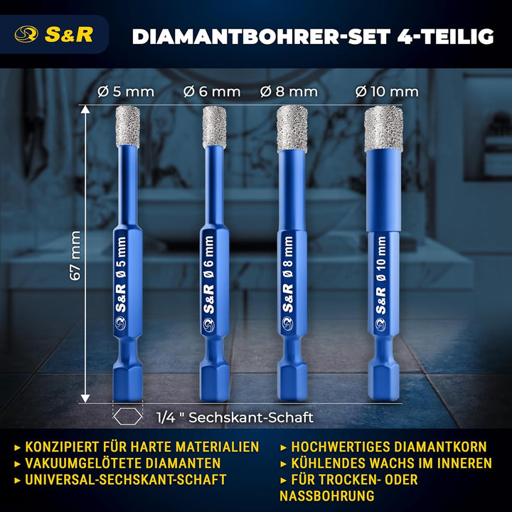 S&R Diamantbohrer Set 8-tlg, 4 x Diamant-Bohrer 5, 6, 8, 10 mm, 4 x YG8 Karbid Hartmetall-Bohrer 4,