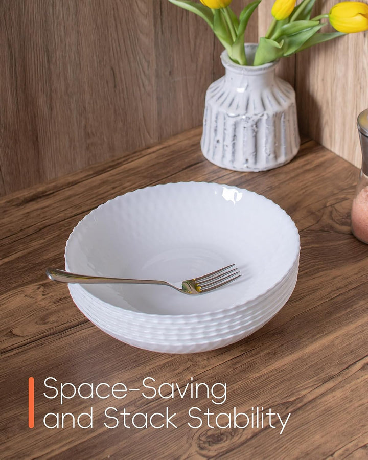 LaGlint 6er Set Opalglas-Pastaschalen, 887 ml, 21,5 cm, flache runde Schalen, weiss, mikrowellen- &amp;