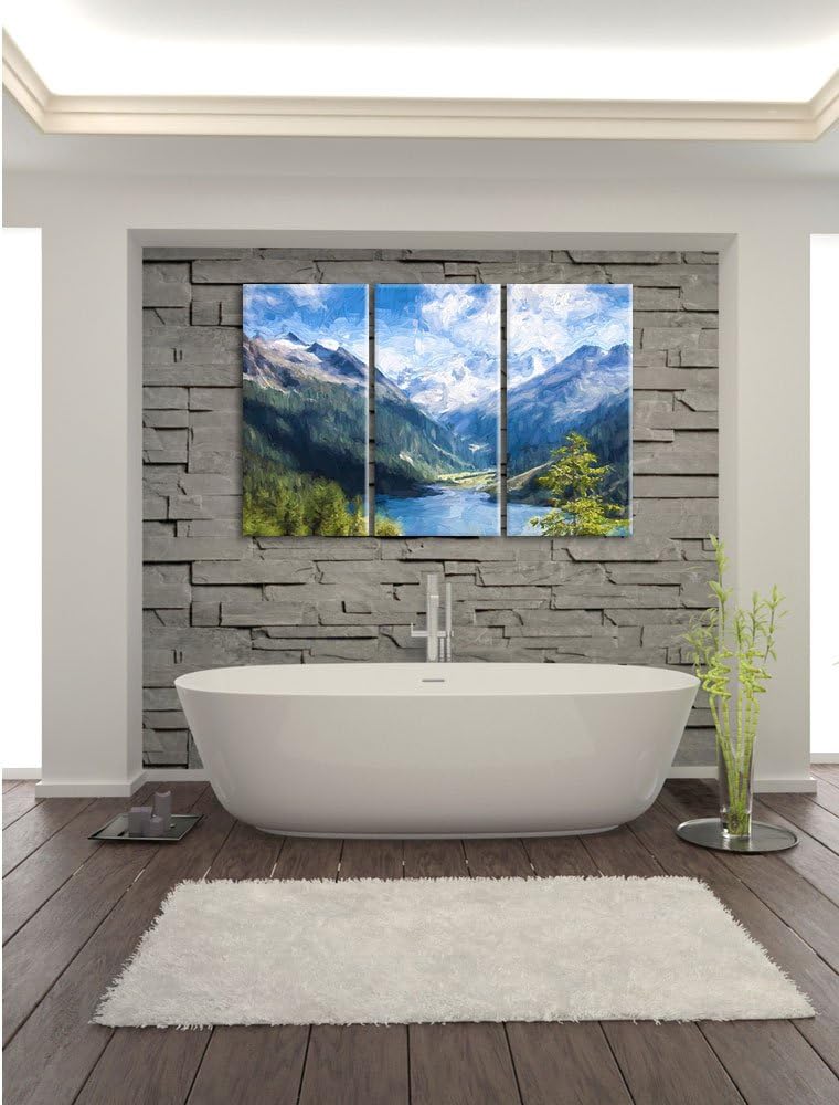 Pixxprint See zwischen Bergen Pinsel Effekt 3-Teiler Leinwandbild 120x80 Bild auf Leinwand