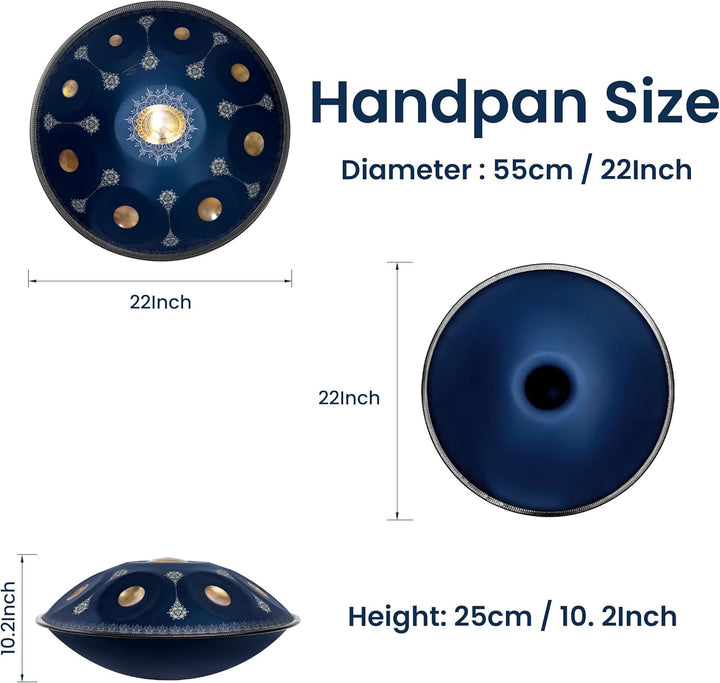 GLADFRESIT Handpan 22-inch, 9 notes, Palace Blue, tuned to 432Hz, comes with a handpan backpack, sta