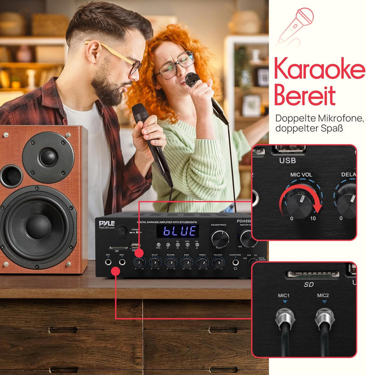 Pyle HiFi- Verstärker, 200W – 2.0 Kanal Audio Receiver mit USB/SD/FM und Mikrofon Eingang, Kabellose