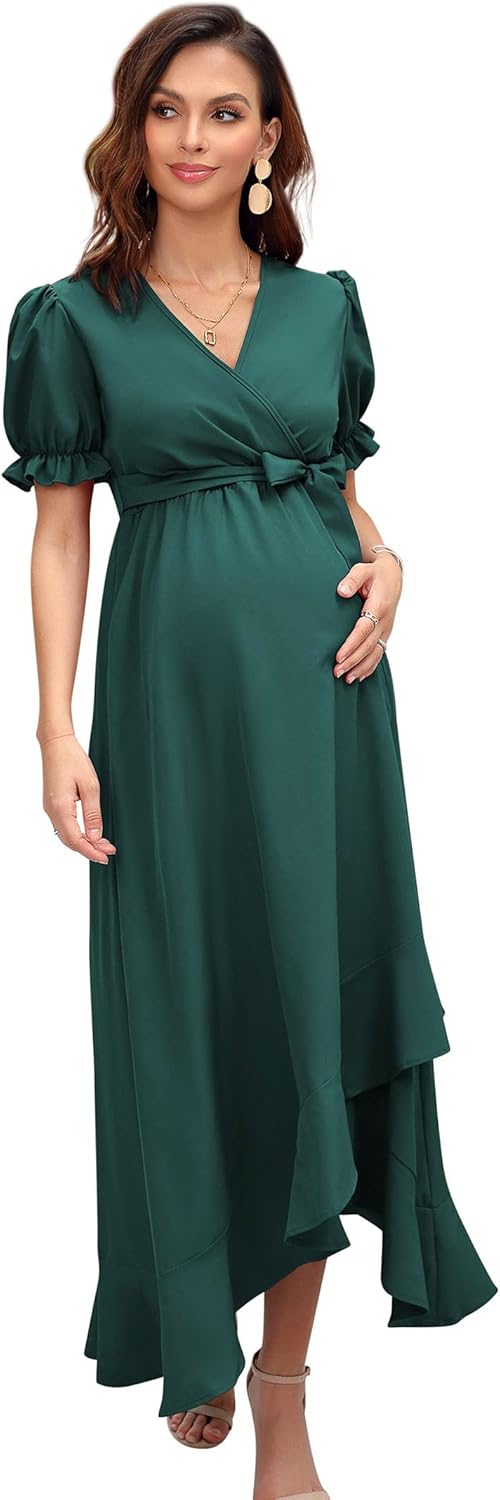 KOJOOIN Damen Umstandskleid V-Ausschnitt Stillkleid Kurzarm Schwangerschaftskleid mit Rüschen Blumen