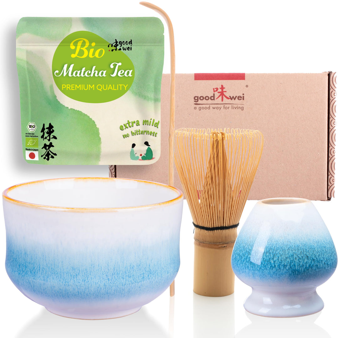 Goodwei Teezeremonie-Set mit hochwertiger Matcha-Schale und echtem Bio Matcha aus Japan (Rindō), Rin
