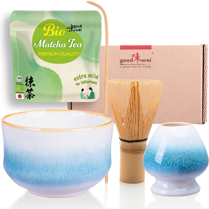 Goodwei Teezeremonie-Set mit hochwertiger Matcha-Schale und echtem Bio Matcha aus Japan (Rindō), Rin