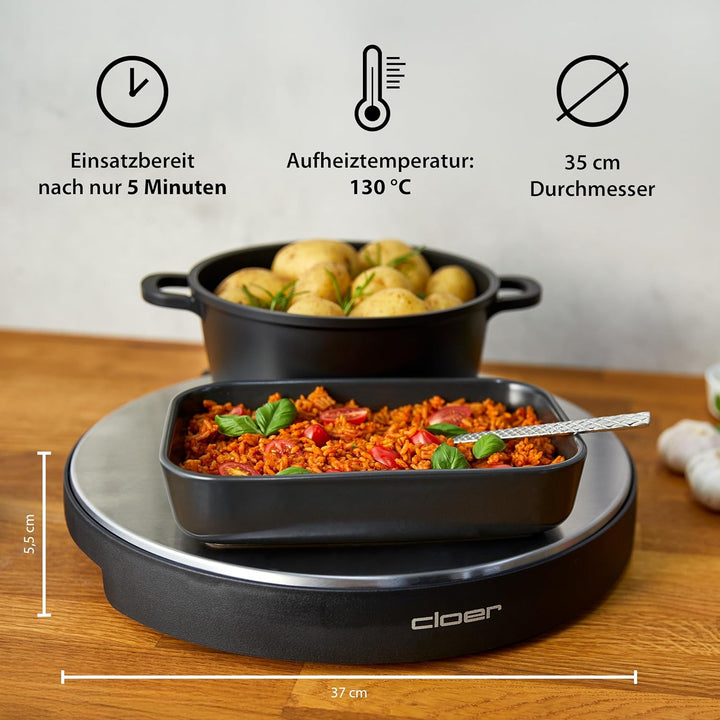 Cloer 6718 Warmhalteplatte mit Speicherstein, warmhalten von Speisen, 5 min Aufheizzeit, Temperatur