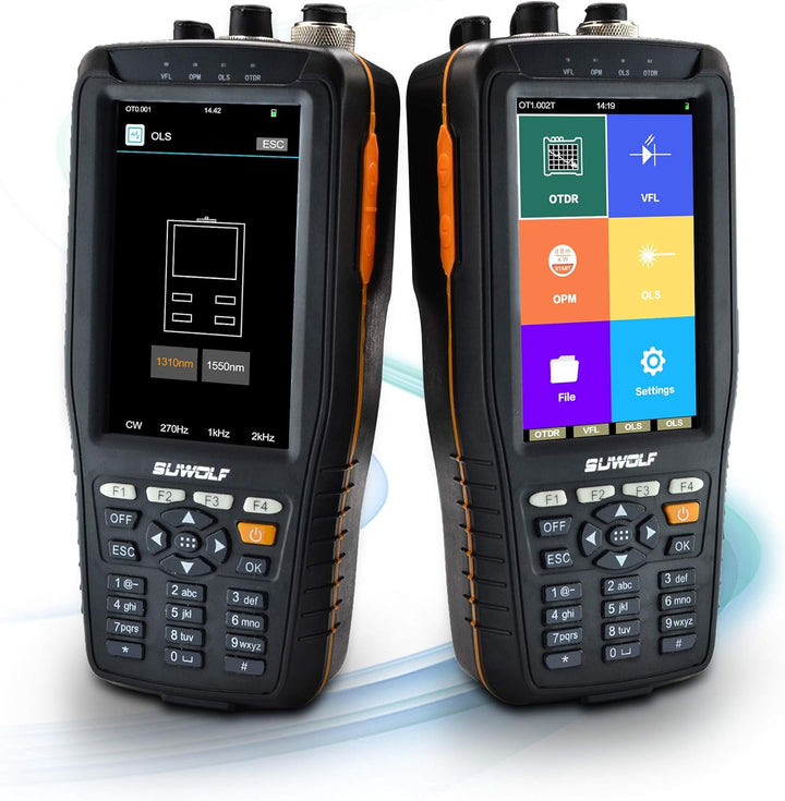 SUWOLF 1310/1550nm 22/20dB Tragbares 4in1 OTDR +VFL+OPM+OLS 4” Touchscreen 60Km OTDR LWL Tester/Opti