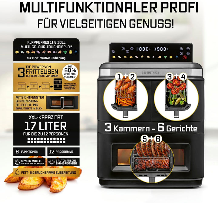 GOURMETmaxx FryUp3 Vertikale Heissluftfritteuse 3 Kammern | Airfryer XXL mit 3 Grillracks &amp; 3 Sichtf