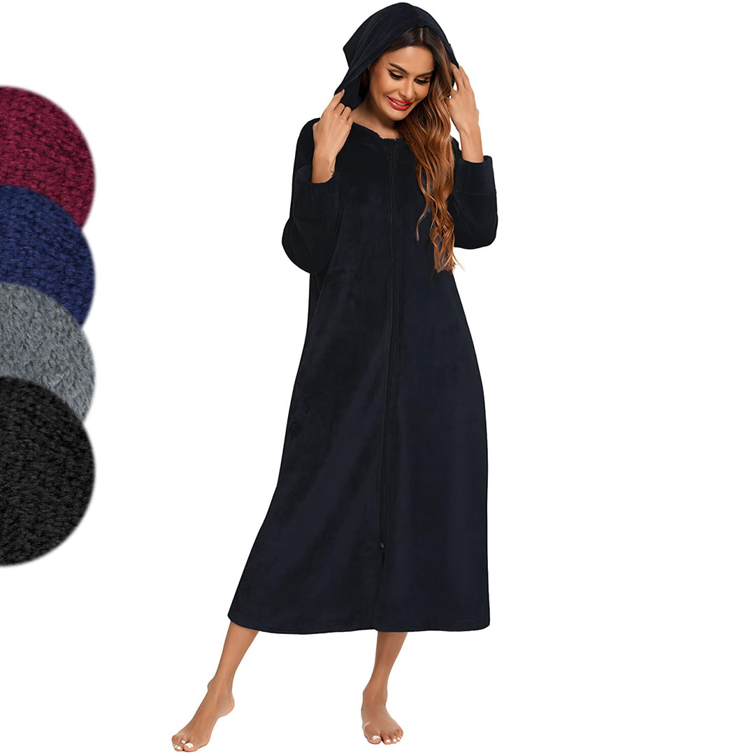 Figarge Bademantel Damen und Herren mit Reissverschluss und Kapuze langer Bademantel Fronttaschen Sa