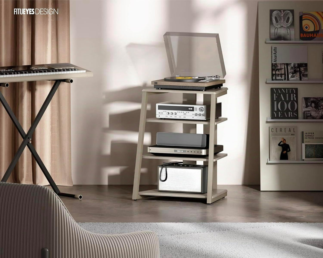 FITUEYES Design HiFi Rack aus Holz & Stahl, HiFi Regal mit verstellbaren Ablagen & Kabelmanagement,