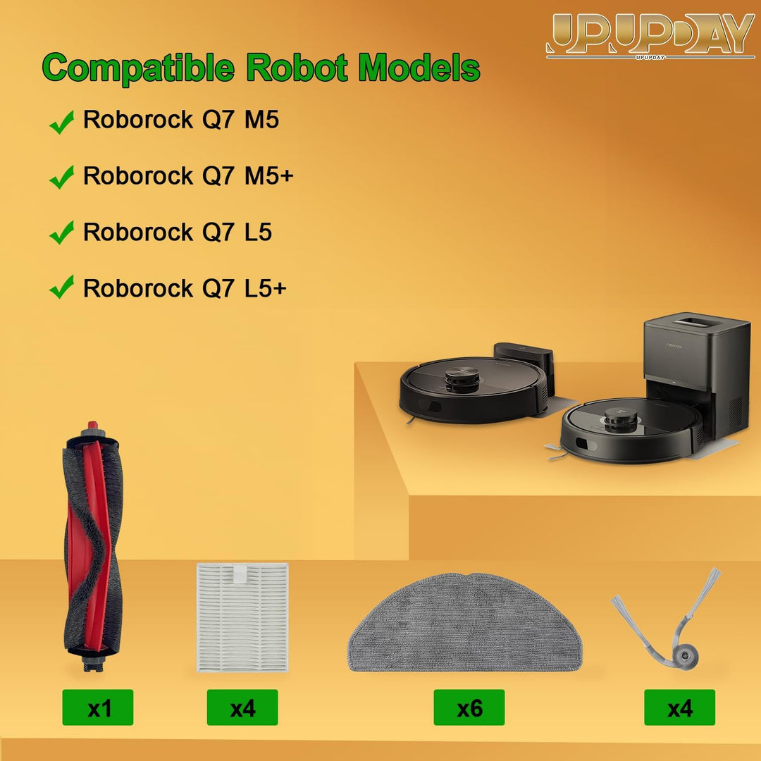 Zubehörset für Roborock Q7 M5/Q7 M5+, Q7 L5/Q7 L5+ Saugroboter, 1 Hauptbürsten, 4 HEPA Filter, 6 Wis