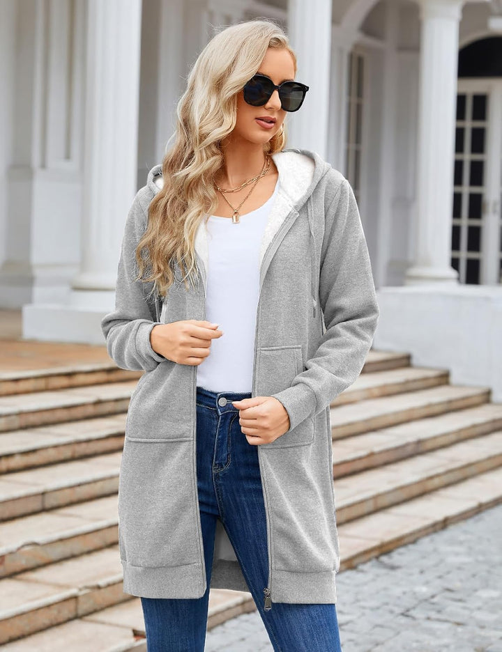 RITOSTA Damen Hoodie Fleecejacke Kapuzenjacke mit Zip Winterjacke Lang Sweatjacke Warme Plüschjacke