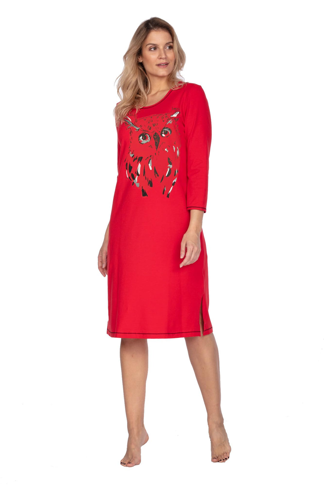 e.Femme® Damen Nachthemd Jenny 1113 aus 93% Baumwolle und 7% Elasthan, mit Eule Rot 36, Rot 36