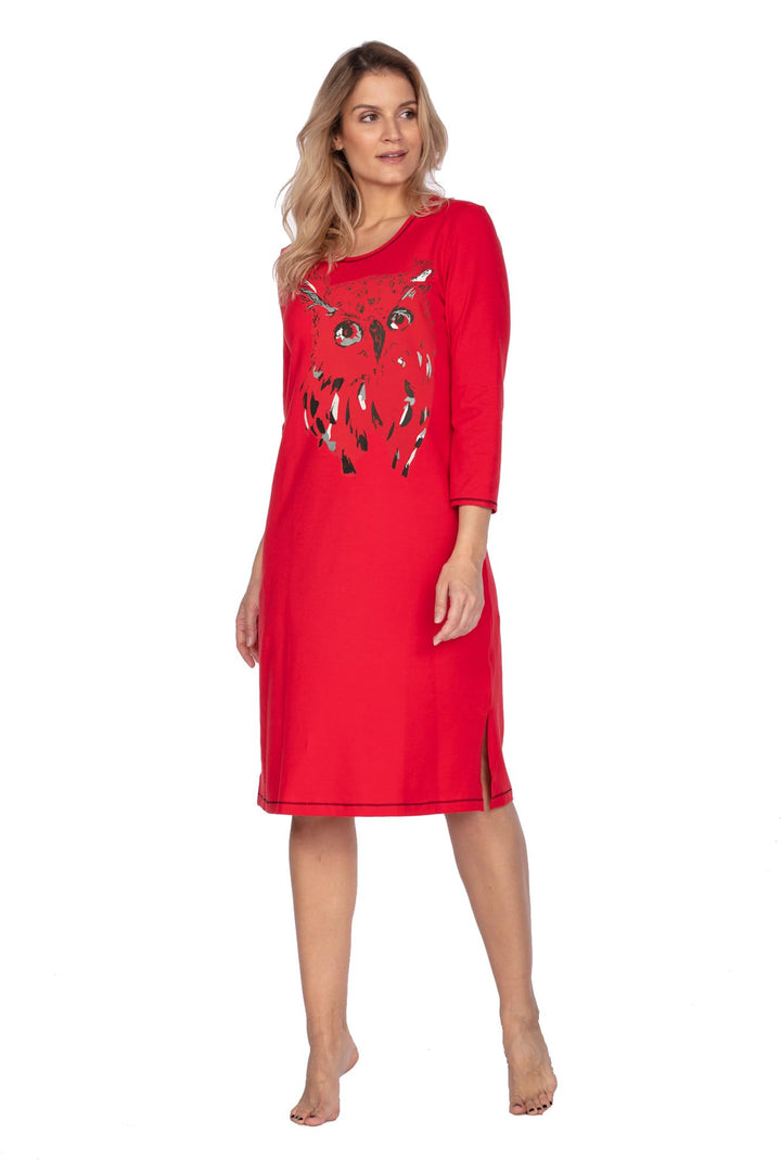 e.Femme® Damen Nachthemd Jenny 1113 aus 93% Baumwolle und 7% Elasthan, mit Eule Rot 36, Rot 36