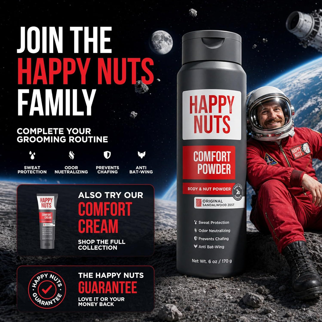 Happy Nuts Comfort Powder – Anti-Scheuern, Schweissabwehr und Geruchskontrolle für Leiste, Füsse und