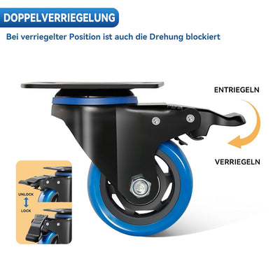 BAOLIHUI 75mm Blaue Lenkrollen 4pcs-Set Möbelrollen bis 500KG, 360° Drehung Schwerlastrollen mit Bre