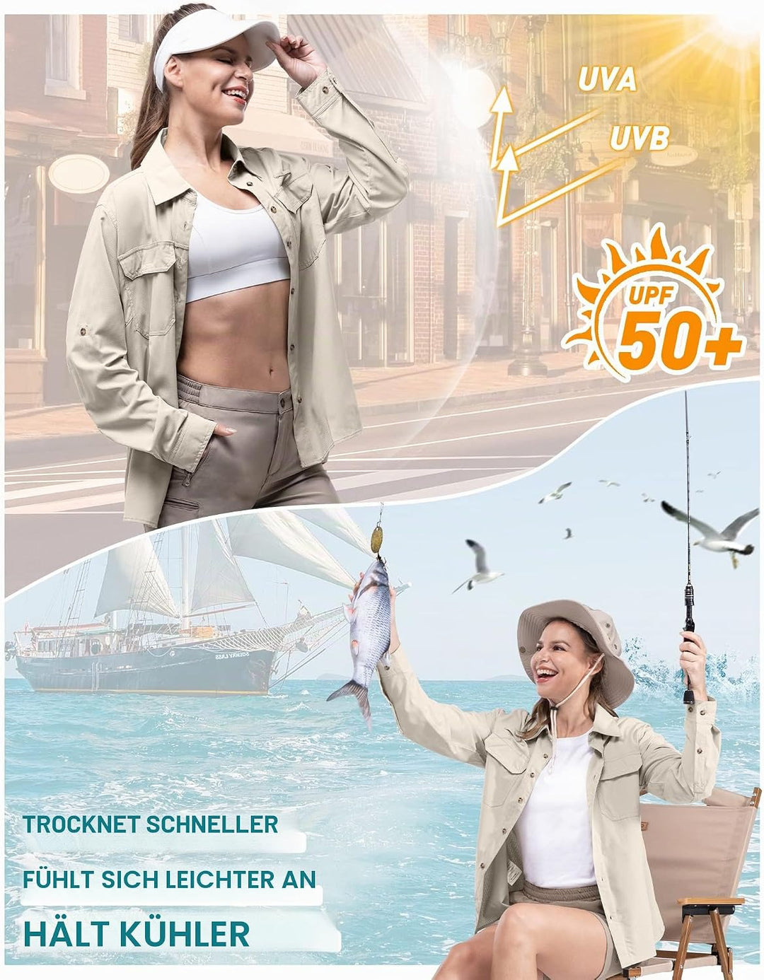 33,000ft Hemd Damen UPF50+ UV Schutz Outdoorhemd Schnelltrocknend Freizeithemd Langarm Funktionshemd