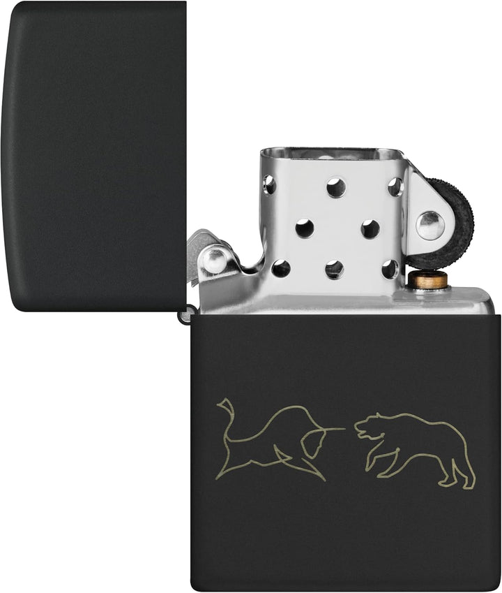 Zippo Sturmfeuerzeug - Bull and Bear, Black Matte, Laser Engrave - Nachfüllbar - Wiederverwendbar -
