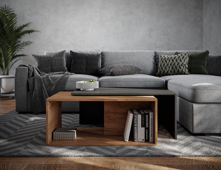 PLATAN ROOM Couchtisch Kaffeetisch 2er Set 90x48x40 cm, moderner Wohnzimmertisch, Sofatisch mit Stau